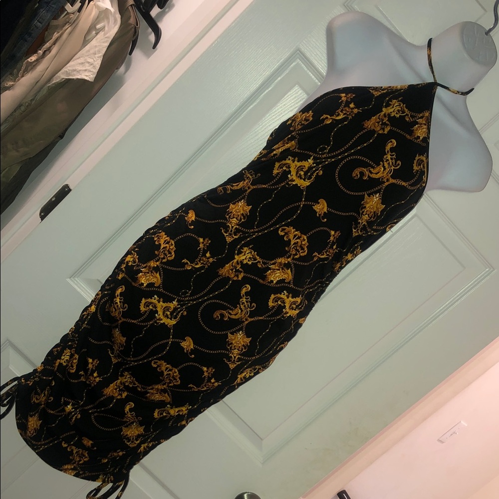 Bear Dance Black One-Shoulder Dress with Gold Baroque Print